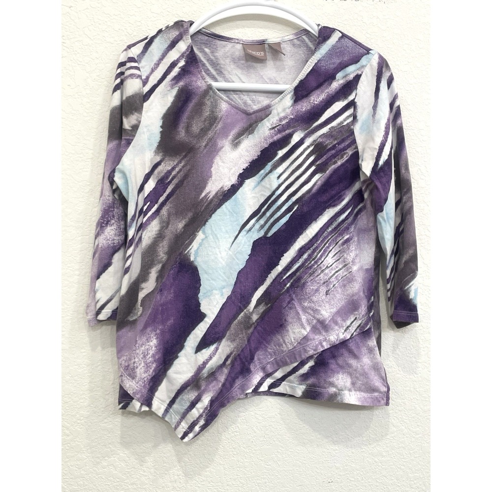 Chico's Top 1 Medium Shirt 3/4 Sleeves Purple Tunic Modal Cotton US 8 Office